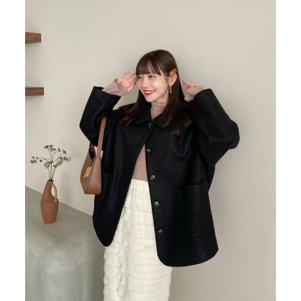 【現貨】日系選品💕hin日單 日系小翻領紋理感毛呢中長版大衣外套-細節圖7