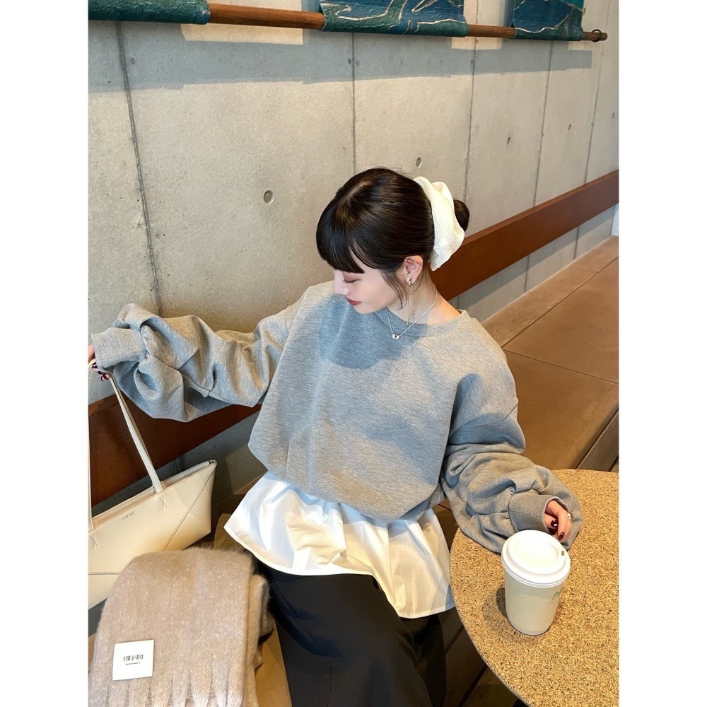 【橘棕色現貨+預購】日系選品💕hin日單 立體花苞落肩寬鬆百搭短版長袖上衣 衛衣 大學T-細節圖8