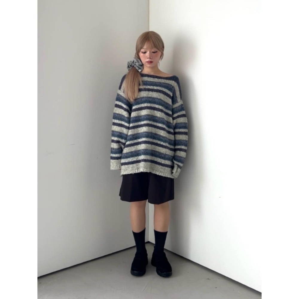 【現貨】日系選品💕KBF日單 金絲感微閃條紋編織寬鬆慵懶長版針織毛衣 上衣 長袖上衣-細節圖11