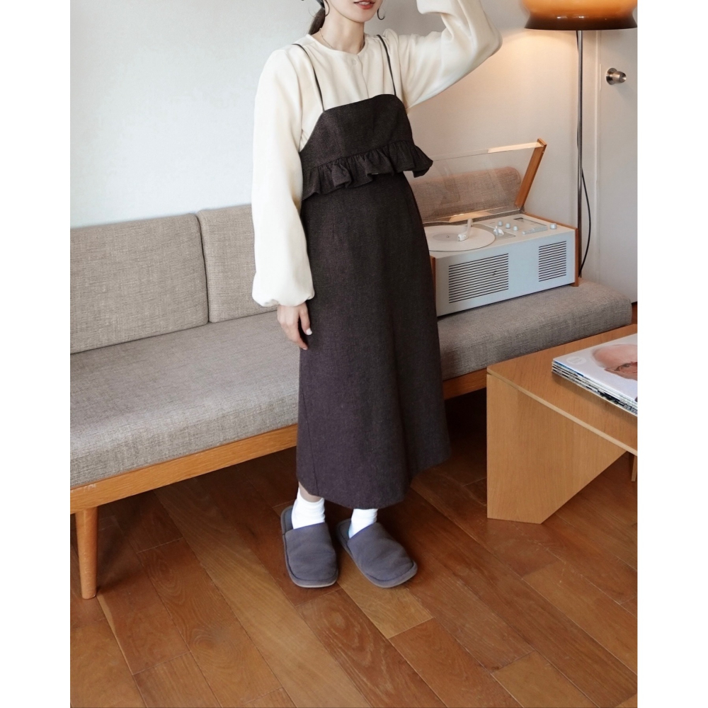 【現貨】日系選品💕moi日單 秋冬新款羊毛混紡毛呢 質感長裙+披肩 2件套裝-細節圖2