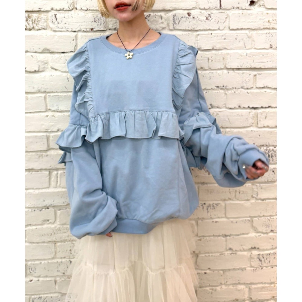 【預購】日系選品💕w close*日單 可愛荷葉邊拼接造型 寬鬆純棉 長袖上衣 衛衣-細節圖2