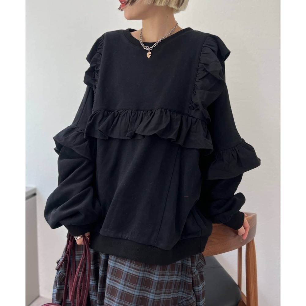 【預購】日系選品💕w close*日單 可愛荷葉邊拼接造型 寬鬆純棉 長袖上衣 衛衣-細節圖7