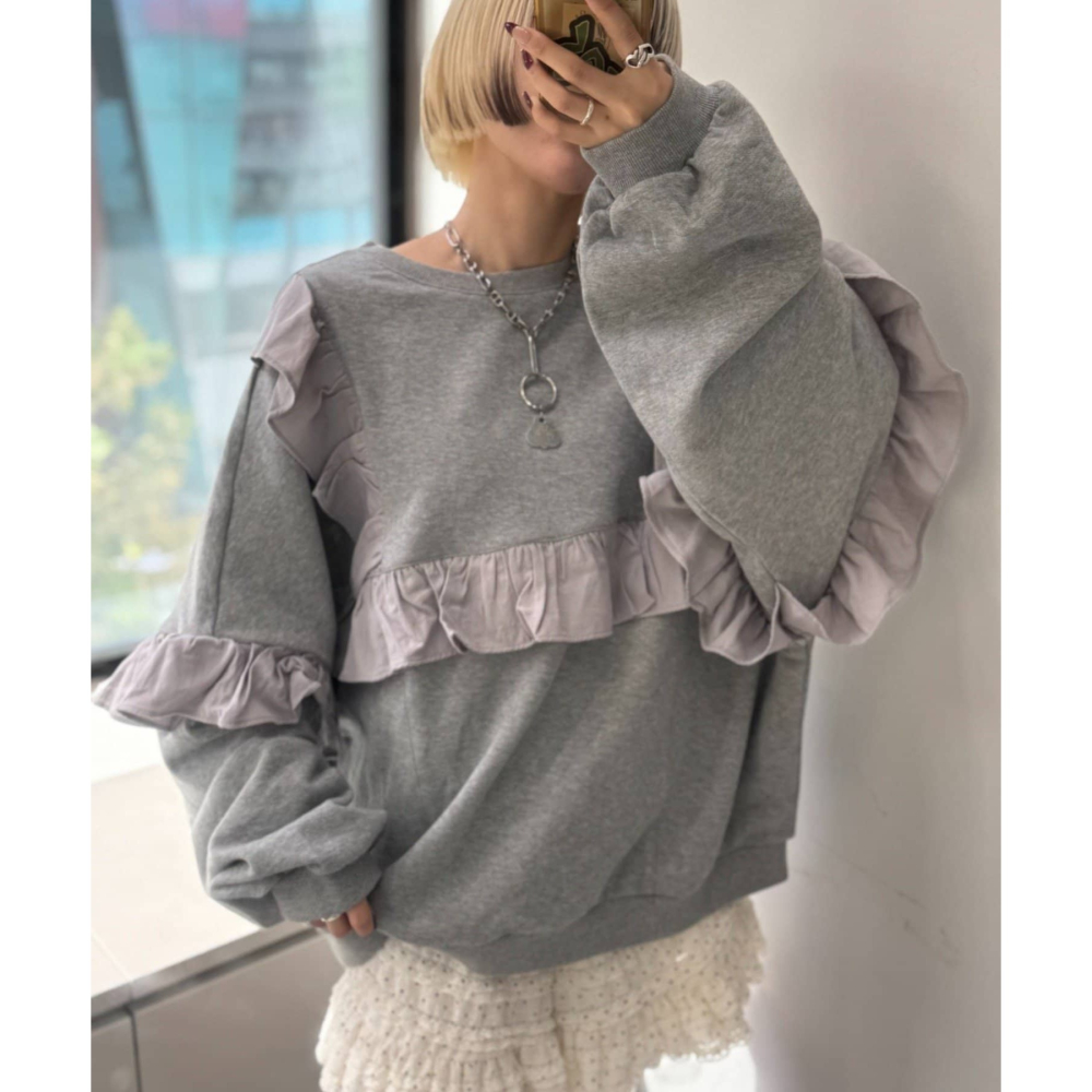 【預購】日系選品💕w close*日單 可愛荷葉邊拼接造型 寬鬆純棉 長袖上衣 衛衣-細節圖10