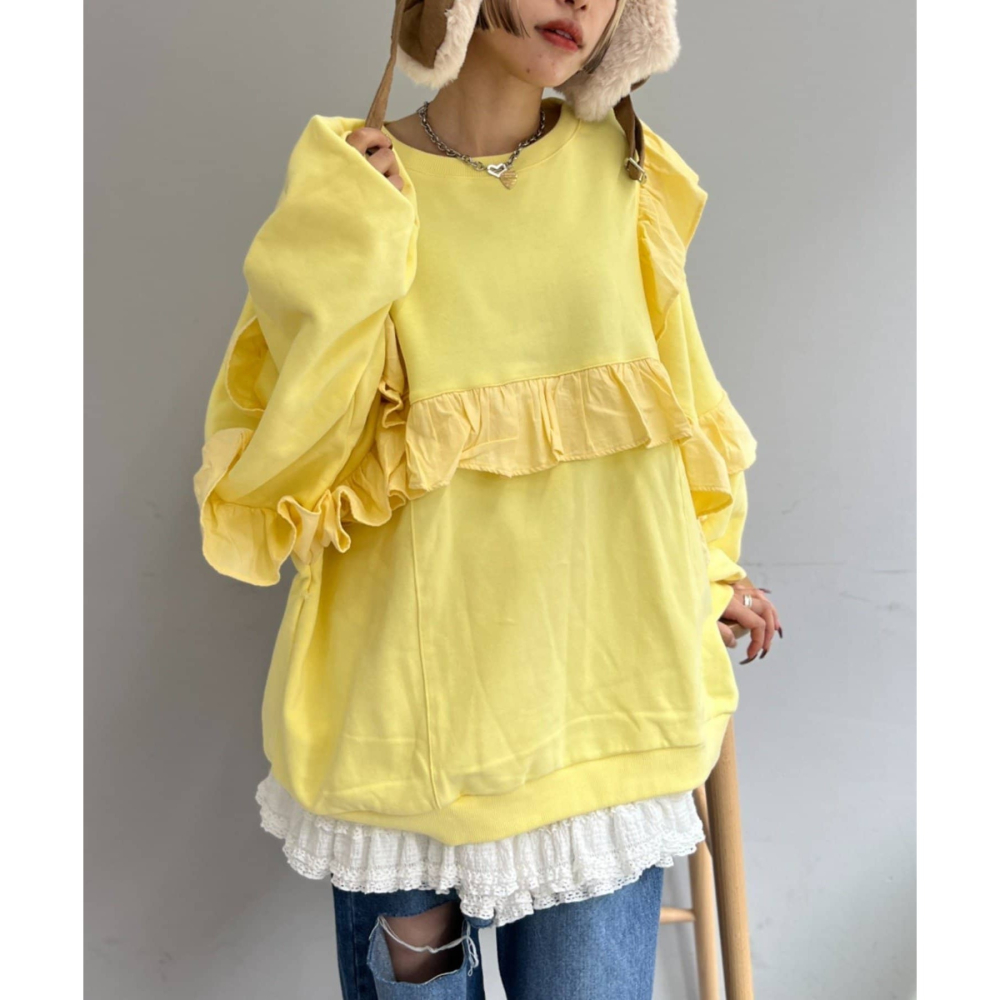 【預購】日系選品💕w close*日單 可愛荷葉邊拼接造型 寬鬆純棉 長袖上衣 衛衣-細節圖11