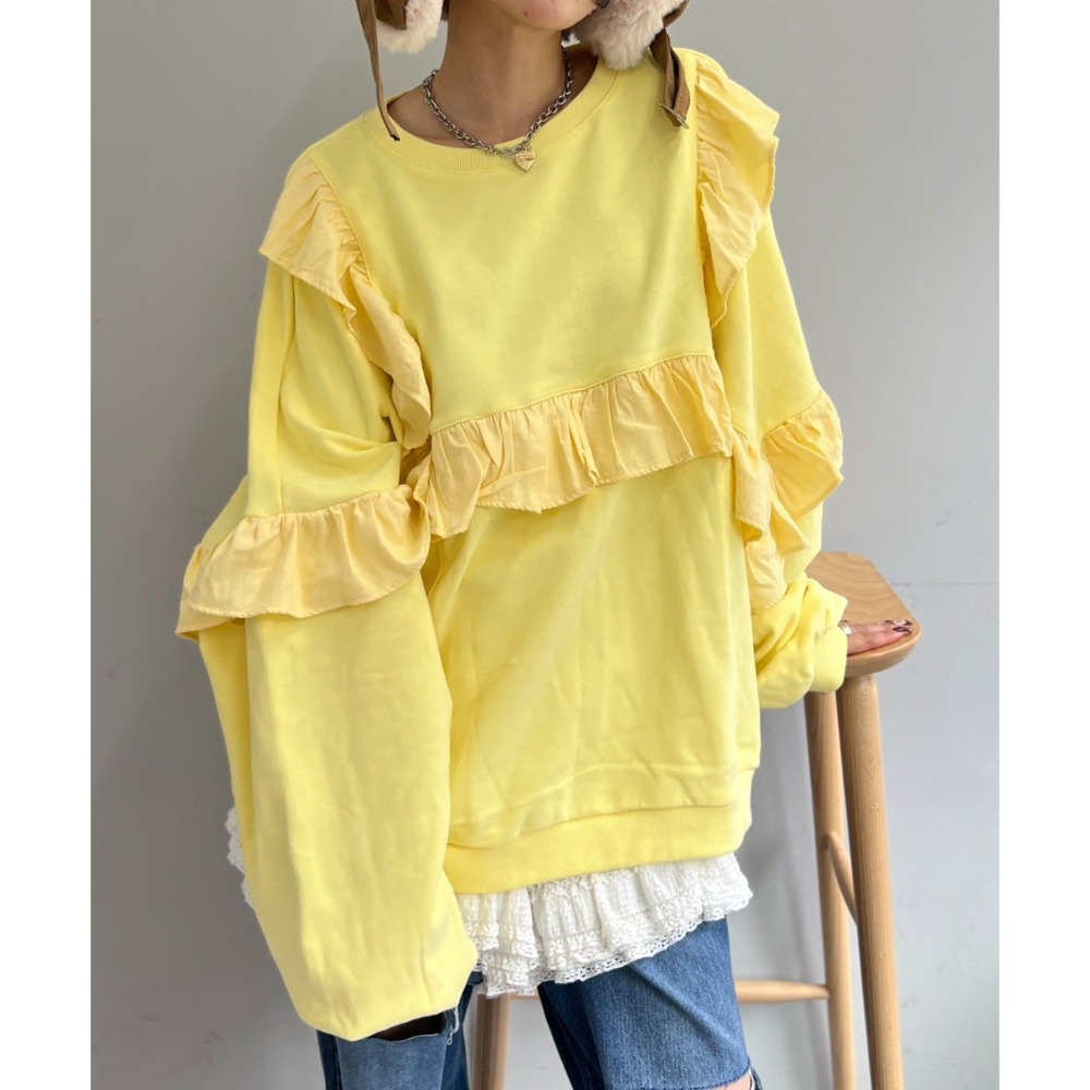 【預購】日系選品💕w close*日單 可愛荷葉邊拼接造型 寬鬆純棉 長袖上衣 衛衣-規格圖11