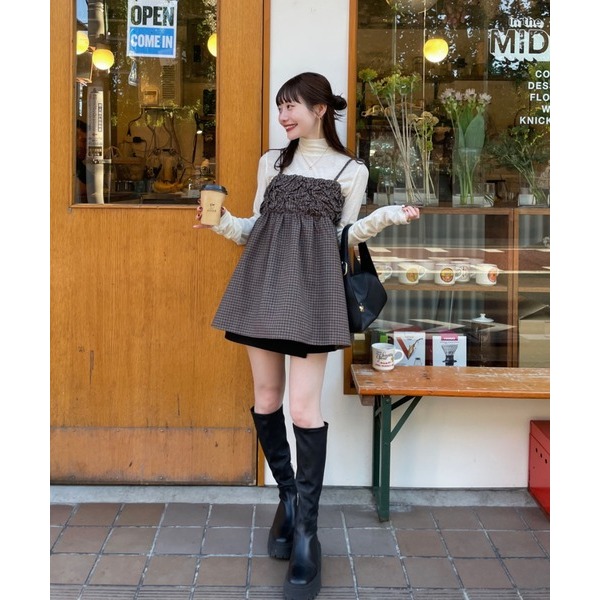 【格子、黑現貨】日系選品💕實拍實穿📷hin日單 秋冬新款 唯美立體褶皺質感綁帶疊穿吊帶背心 日系疊穿-細節圖4