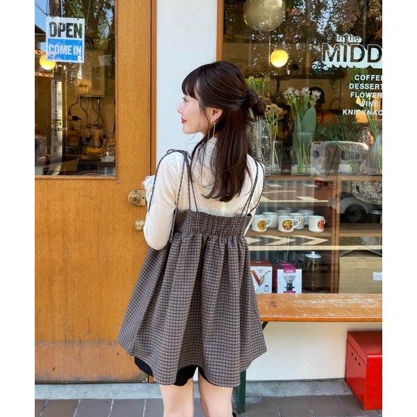 【格子、黑現貨】日系選品💕實拍實穿📷hin日單 秋冬新款 唯美立體褶皺質感綁帶疊穿吊帶背心 日系疊穿-細節圖5