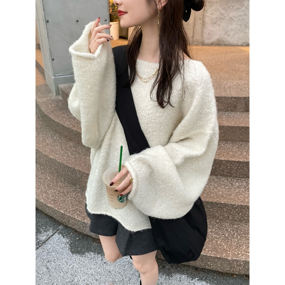 【預購】日系選品💕Hin日單  日系純色圓領混色慵懶寬鬆落肩針織毛衣 上衣-細節圖7