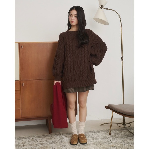 【預購】日系選品💕moi日單 日系甜美可愛露背麻花寬鬆圓領中長版毛衣-細節圖5