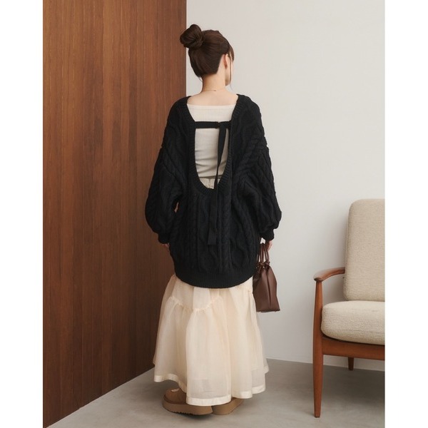 【預購】日系選品💕moi日單 日系甜美可愛露背麻花寬鬆圓領中長版毛衣-細節圖7