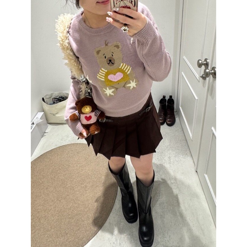 【預購】日系選品💕tina日單 手工刺繡可愛獨特小熊愛心圓領針織毛衣-細節圖8