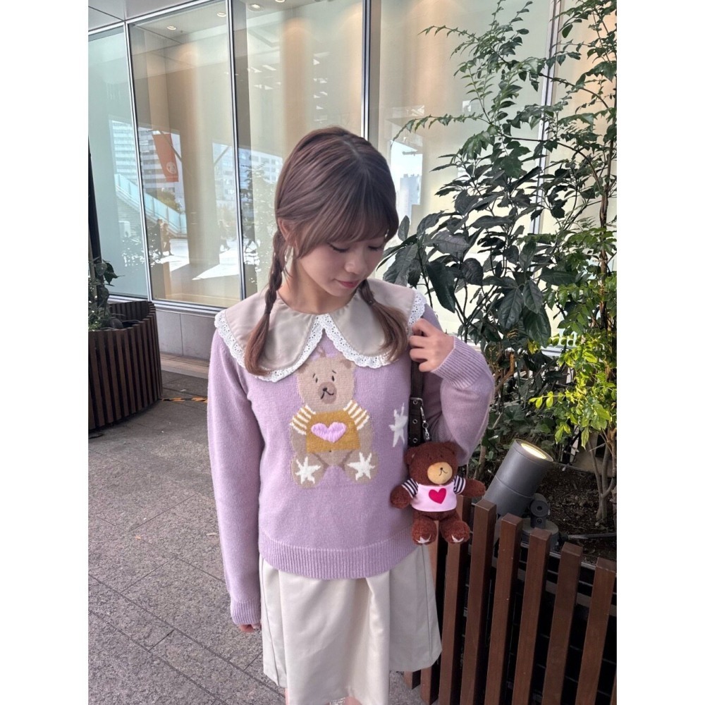【紫現貨+預購】日系選品💕tina日單 手工刺繡可愛獨特小熊愛心圓領針織毛衣-細節圖9