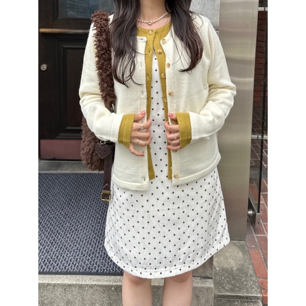 【現貨+預購】日系選品💕tina日單 撞色拼接圓領可愛排扣日系假兩件針織衫 長袖上衣 外套 開衫-細節圖4