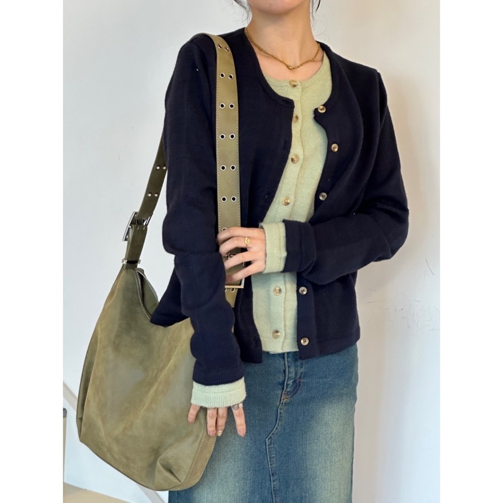 【現貨+預購】日系選品💕tina日單 撞色拼接圓領可愛排扣日系假兩件針織衫 長袖上衣 外套 開衫-細節圖9