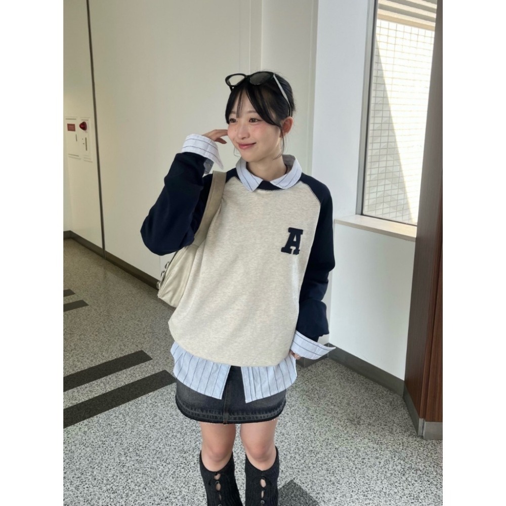 【棕咖色、米卡其現貨+預購】日系選品💕實拍📷tina日單 早秋新款純棉字母貼布美式拚色大學T 衛衣 長袖上衣-細節圖11