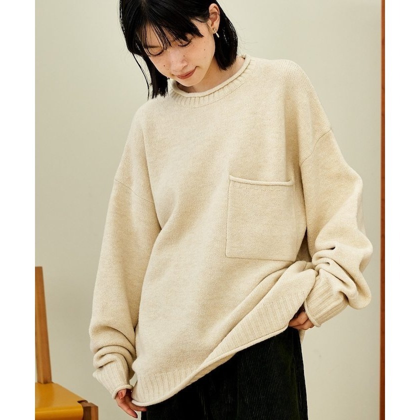【米白現貨+預購】日系選品💕 FK 日單 可愛大口袋捲邊慵懶寬鬆溫軟毛衣 長袖上衣-細節圖6