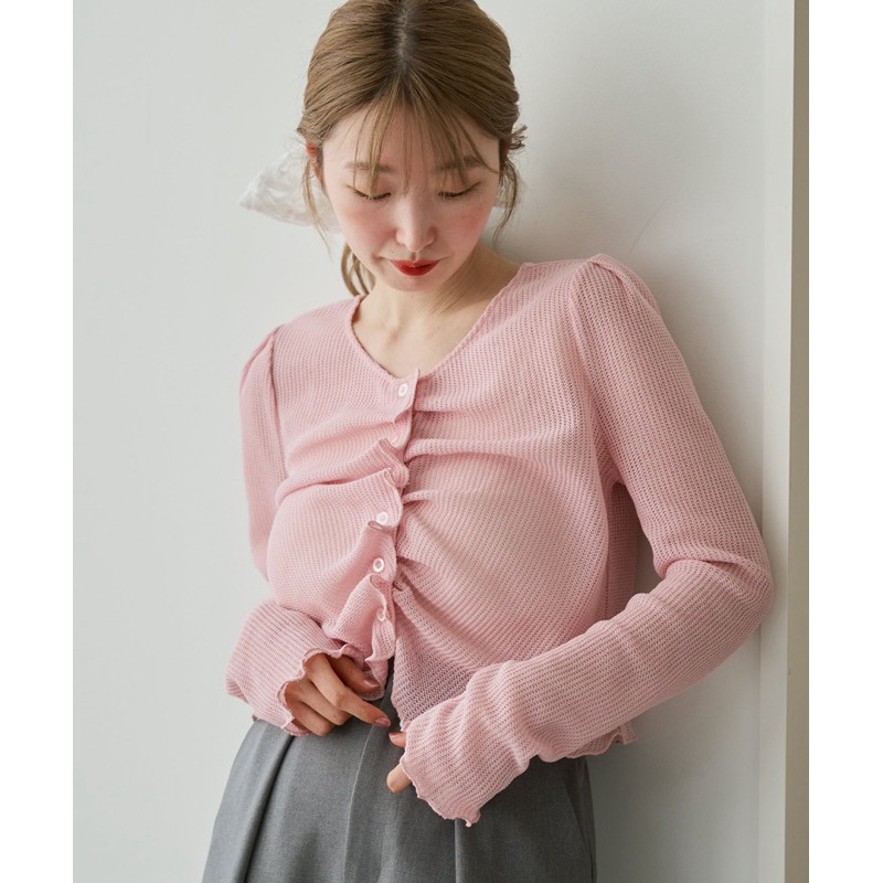 【現貨】孤品 日系選品💕kas日單 春夏造型皺褶鈕扣透視長袖薄款開衫 防曬衣 外套-細節圖3