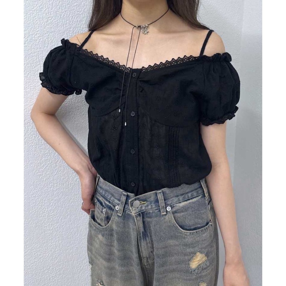 【現貨】孤品 日系選品💕mys日單 法式蕾絲花邊V領純棉刺繡可露肩上衣 襯衫-細節圖2