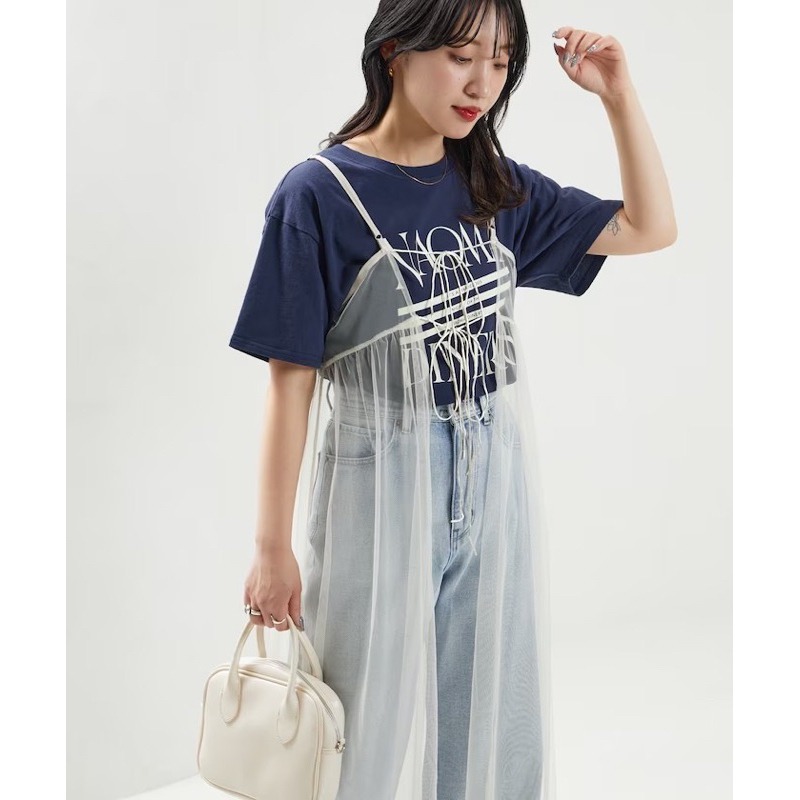 【現貨】孤品 實拍 日系選品💕日單 2WAY胸前綁帶疊穿透膚網紗吊帶裙-細節圖2