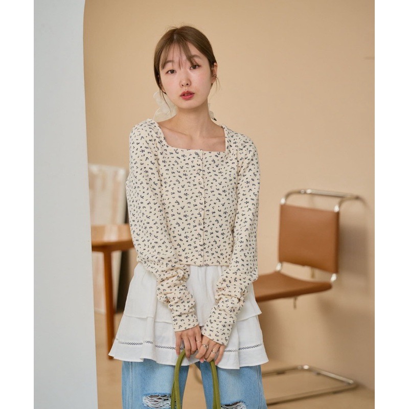 【現貨】 孤品 日系選品💕kas日單 2way前後兩穿方領清新甜美碎花/純色短版顯瘦開衫 襯衫 外套-細節圖4