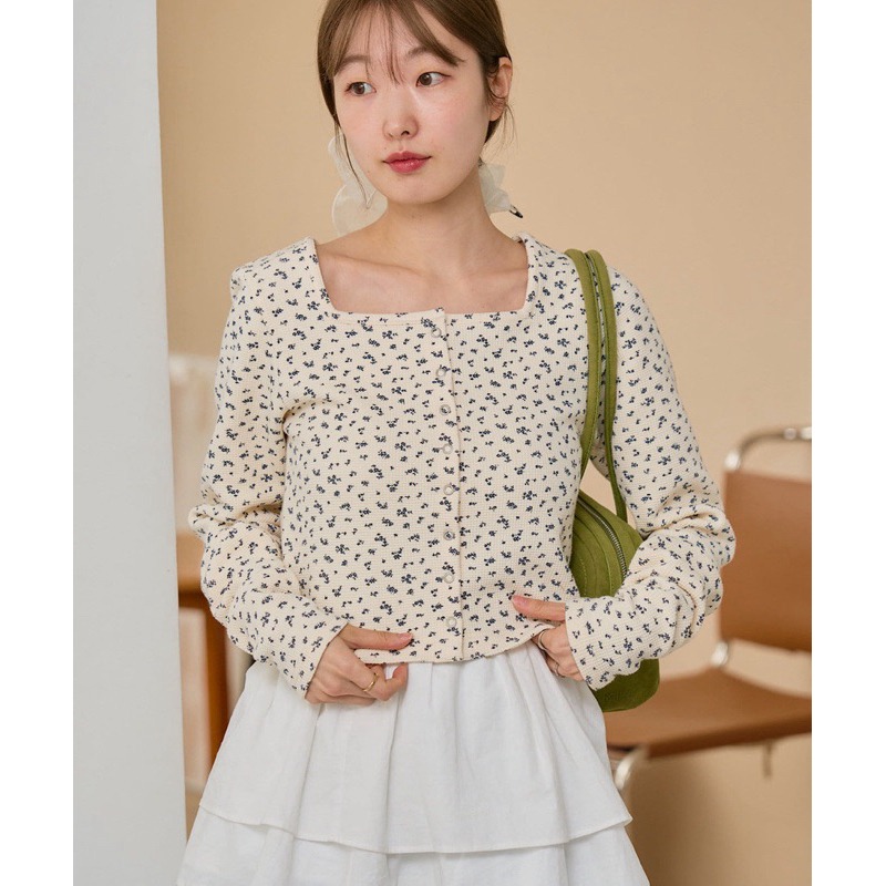 【現貨】 孤品 日系選品💕kas日單 2way前後兩穿方領清新甜美碎花/純色短版顯瘦開衫 襯衫 外套-細節圖6