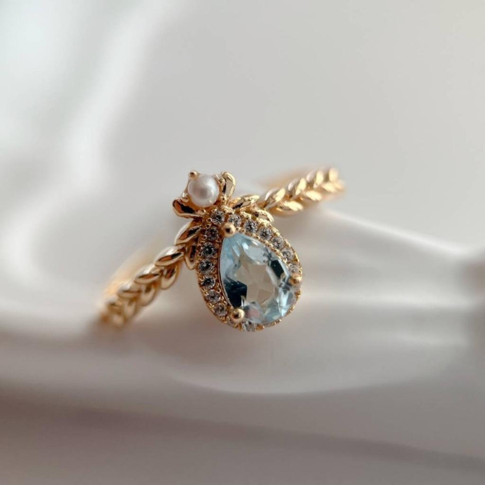 CEDONY | 可愛療癒設計 桂冠編織戒指 公主款精緻水滴切割 天然托帕石 點綴珍珠 可私訊更換粉水晶｜戒指-細節圖3