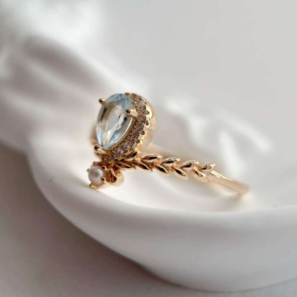 CEDONY | 可愛療癒設計 桂冠編織戒指 公主款精緻水滴切割 天然托帕石 點綴珍珠 可私訊更換粉水晶｜戒指-細節圖4