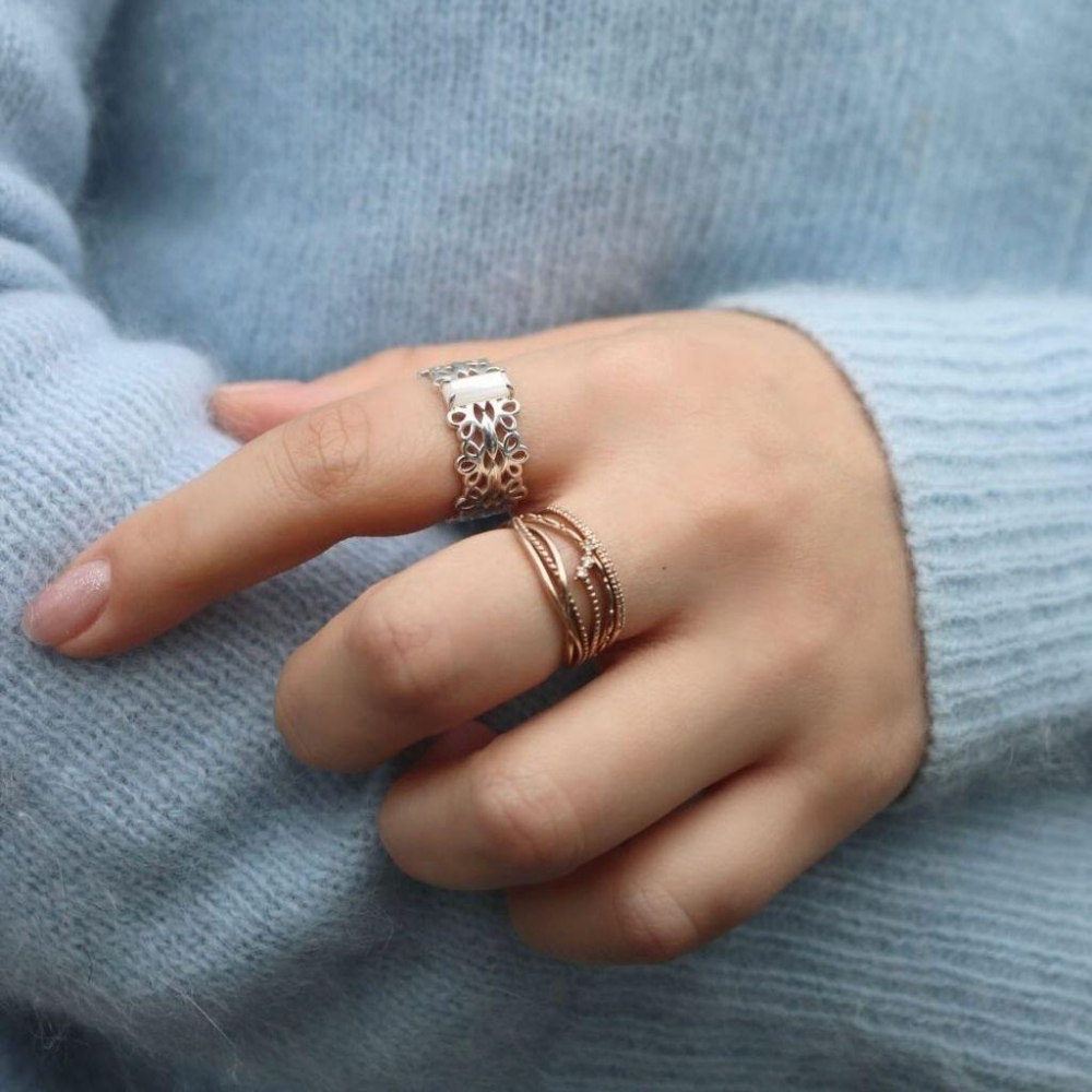 CEDONY｜夏日清新特選首飾 高品質拼石工藝 白蝶貝拼貼白水晶開口戒指｜S925純銀 戒指 寬版戒指-細節圖3