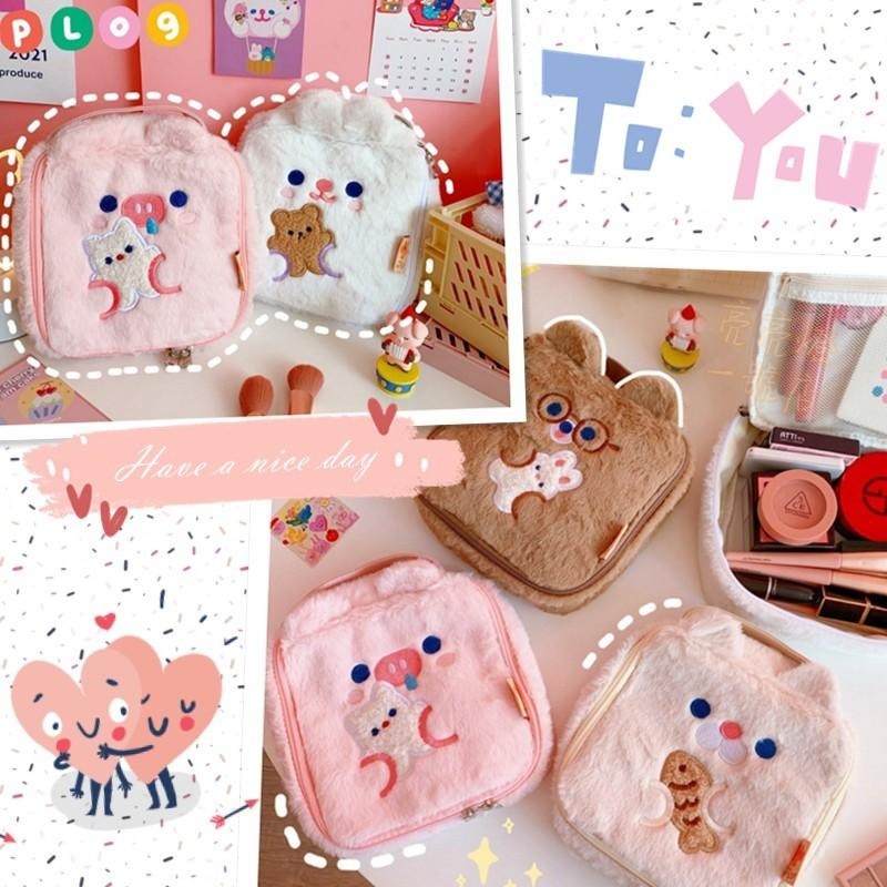 ✨台灣現貨 可愛動物方形毛絨化妝包/收納袋 萬用收納包 大容量方形化妝包 整理包 萬用包 整理包 洗漱包 旅行分裝包-細節圖6