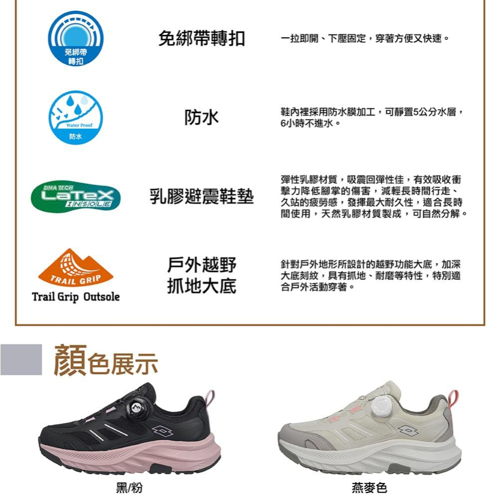 【LOTTO 義大利】女鞋 燕麥色 CTRW1 探野靜態 防水戶外 健行鞋 寬楦設計 免綁帶轉扣 乳膠鞋墊 足弓支撐-細節圖8