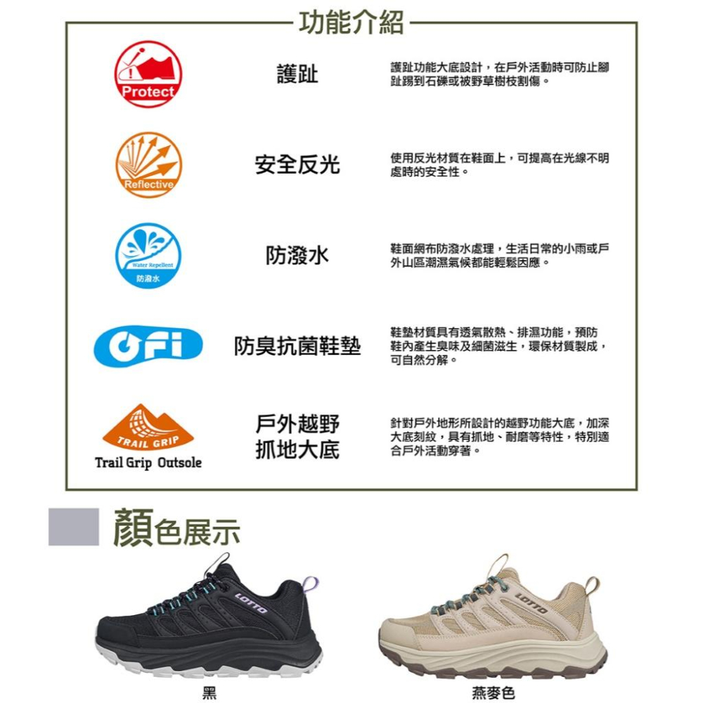 【LOTTO 義大利】女鞋 黑色 CT330 防潑水 登山鞋 寬楦設計 鞋面網布 鞋頭橡膠片材質 抗菌防臭鞋墊-細節圖7