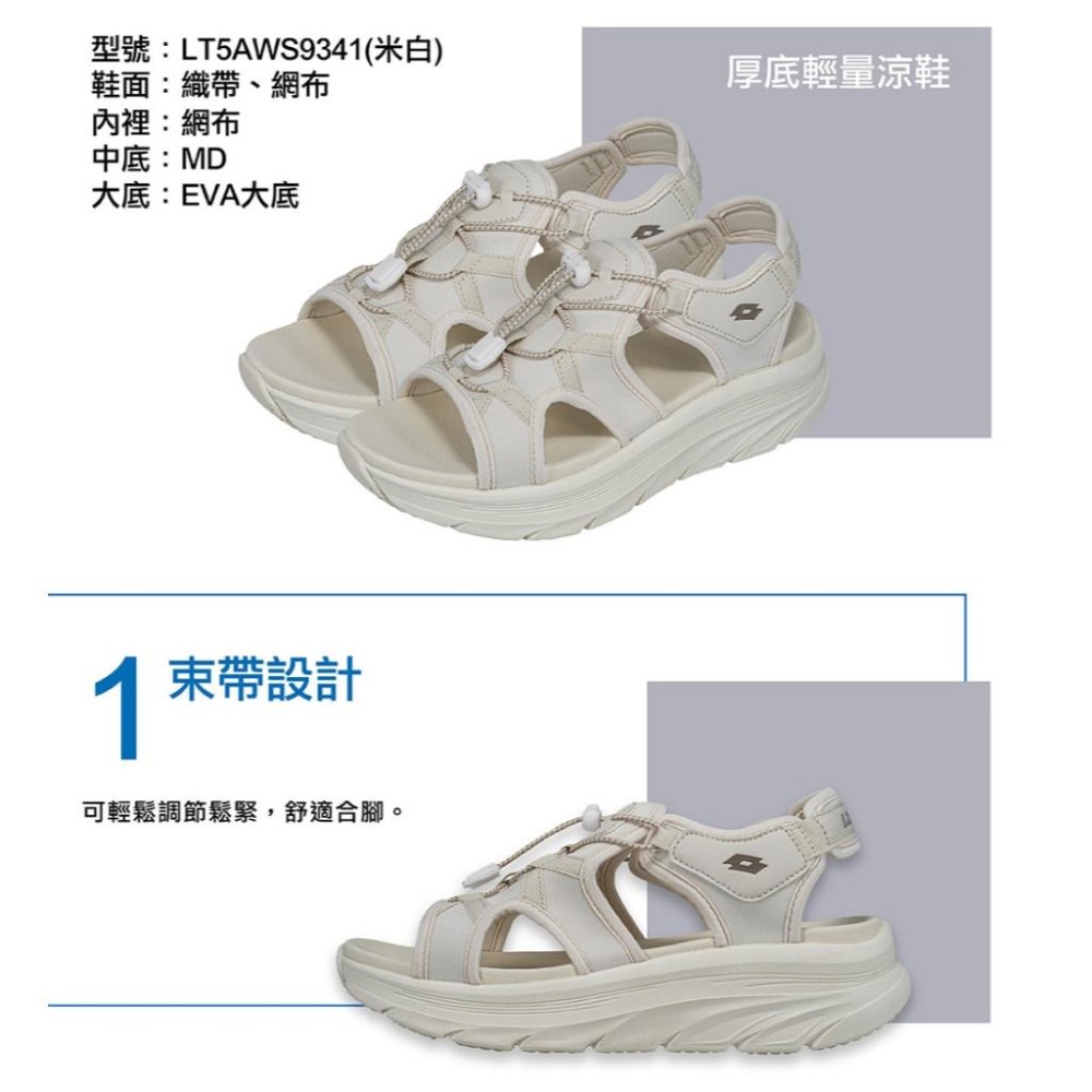 【LOTTO 義大利】女鞋 米白色 厚底輕量涼鞋 簡單線條設計 5公分美型增高厚底 束帶設計 輕鬆調節 夜間反光設計-細節圖5