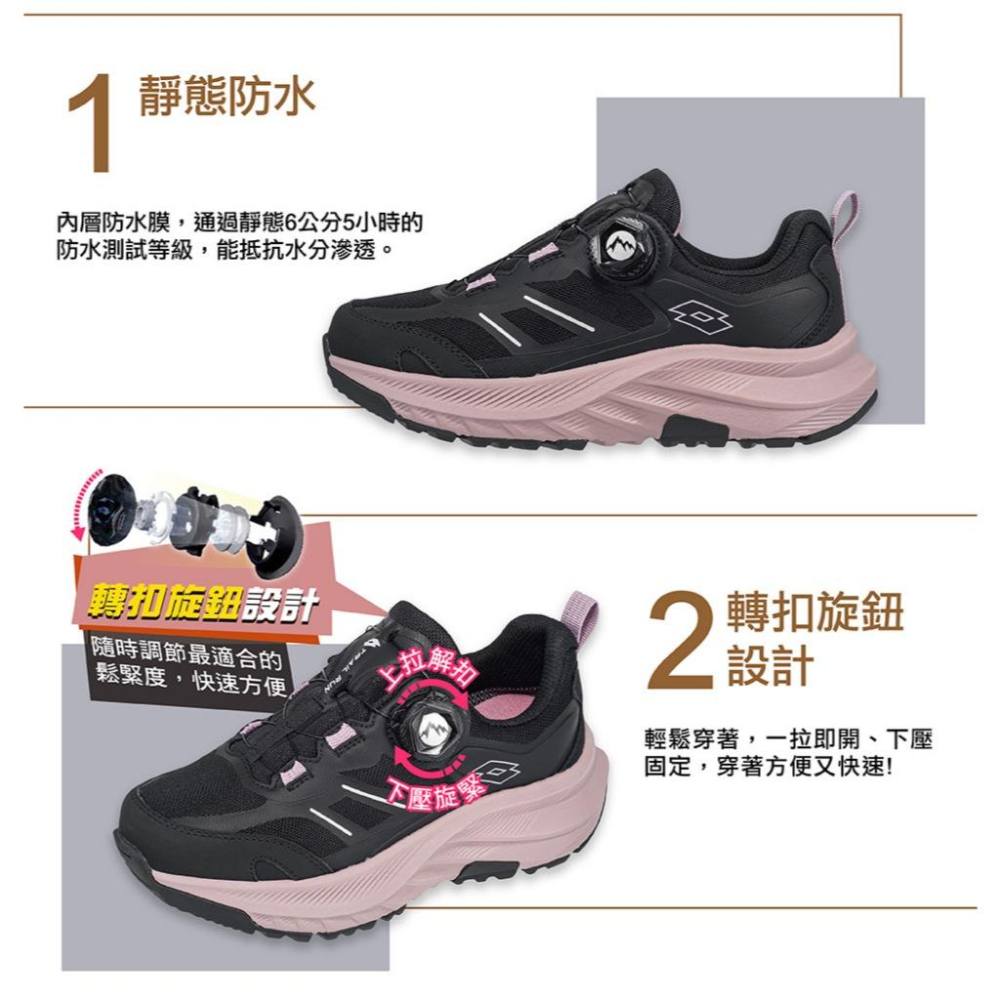 【LOTTO 義大利】女鞋 黑粉色 CTRW1 探野靜態 防水戶外 健行鞋 寬楦設計 免綁帶轉扣 乳膠鞋墊 足弓支撐-細節圖6