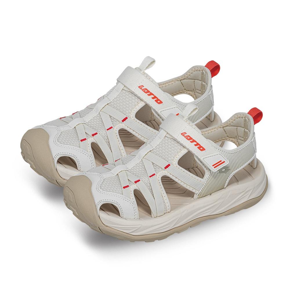 【LOTTO 義大利】女鞋 米色 悠活護趾涼鞋 透氣網布鞋面 自黏帶設計 彈性避震中底 橡膠護趾大底-細節圖2