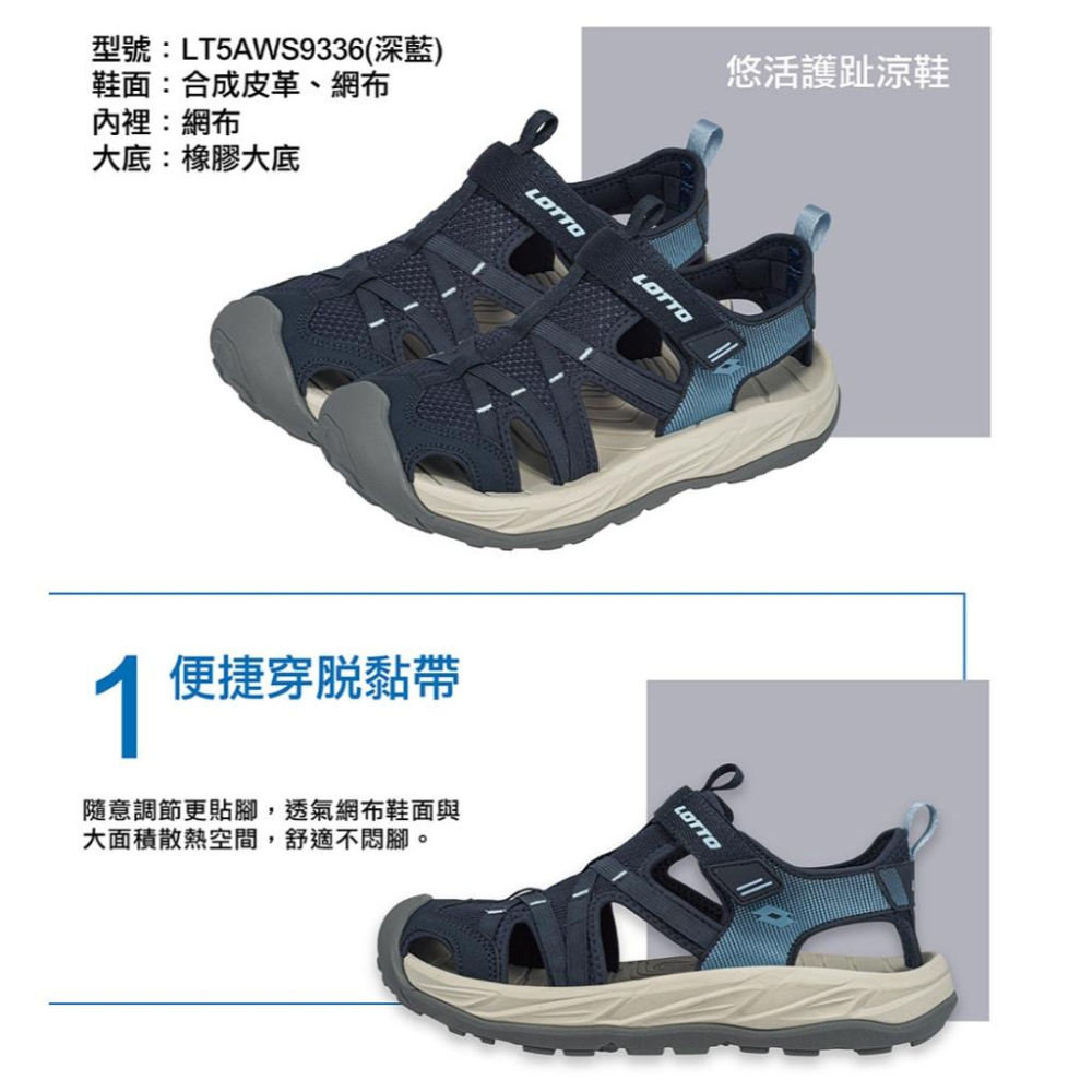 【LOTTO 義大利】女鞋 米色 悠活護趾涼鞋 透氣網布鞋面 自黏帶設計 彈性避震中底 橡膠護趾大底-細節圖5