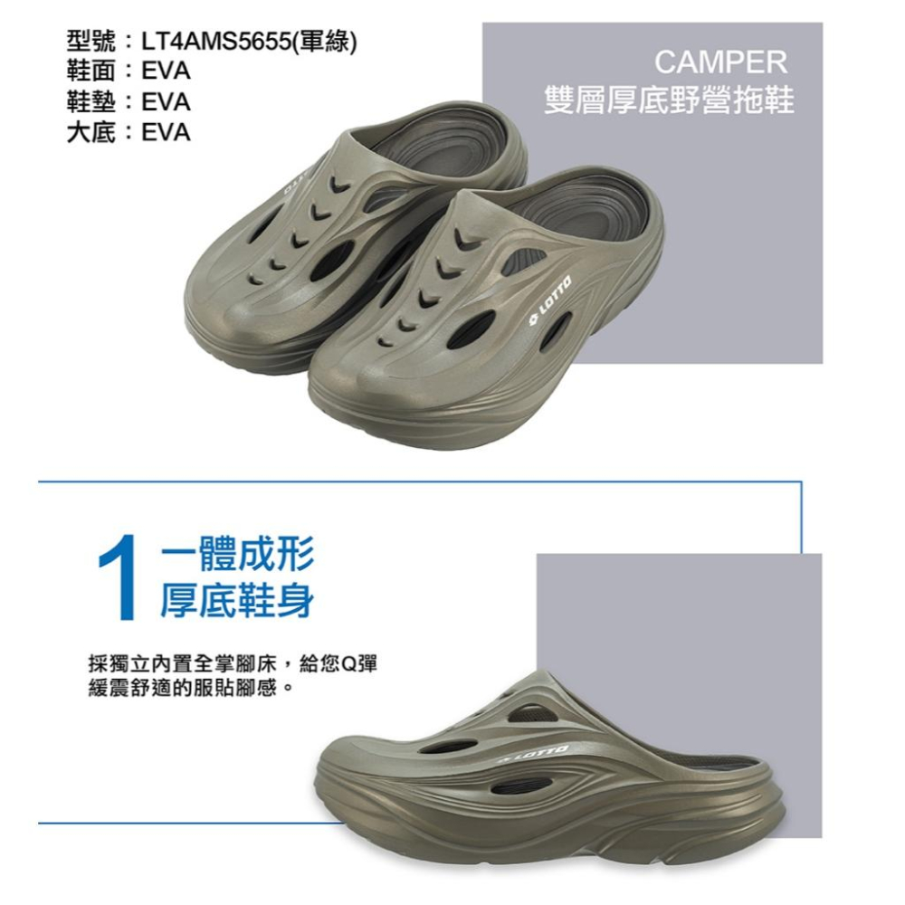 【LOTTO 義大利】男鞋 軍綠色 CAMPER 雙層厚底野營拖鞋 一體成形厚底鞋身 護趾鞋頭設計 循環透氣孔 Q彈緩震-細節圖5