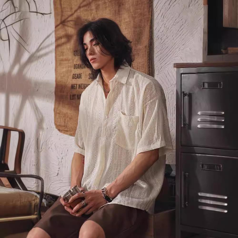 MOLISS｜歐美卷麻花襯衫 男生襯衫 短袖襯衫 度假襯衫 海灘襯衫 韓國男裝 男生上衣 男生衣服 日本襯衫 古著風格-細節圖3