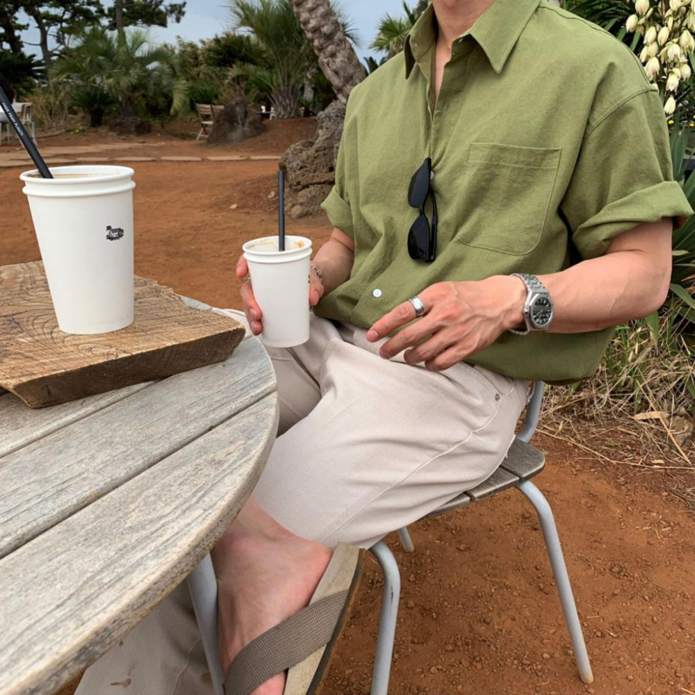 MOLISS｜韓國二色亞麻襯衫 男生襯衫 短袖襯衫 度假襯衫 海灘襯衫 透氣襯衫 韓國男裝 男生上衣 男生衣服 海邊襯衫-細節圖7