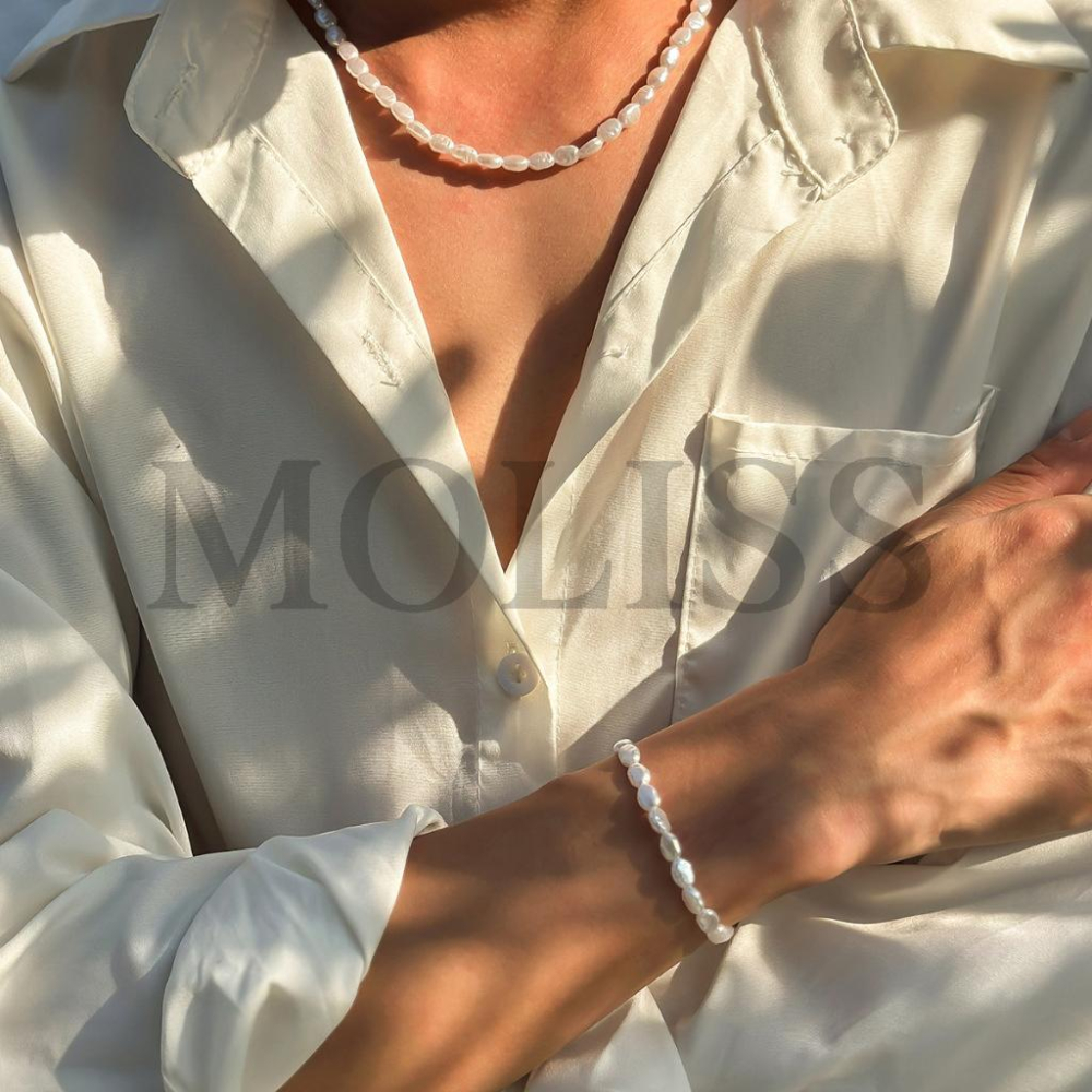 MOLISS | 不規則扁珍珠項鍊 珍珠手鍊 度假項鍊 短項鍊 飾品 墜子 吊墜 頸鍊 飾品 禮物 歐美 手鍊 手飾 男-細節圖2