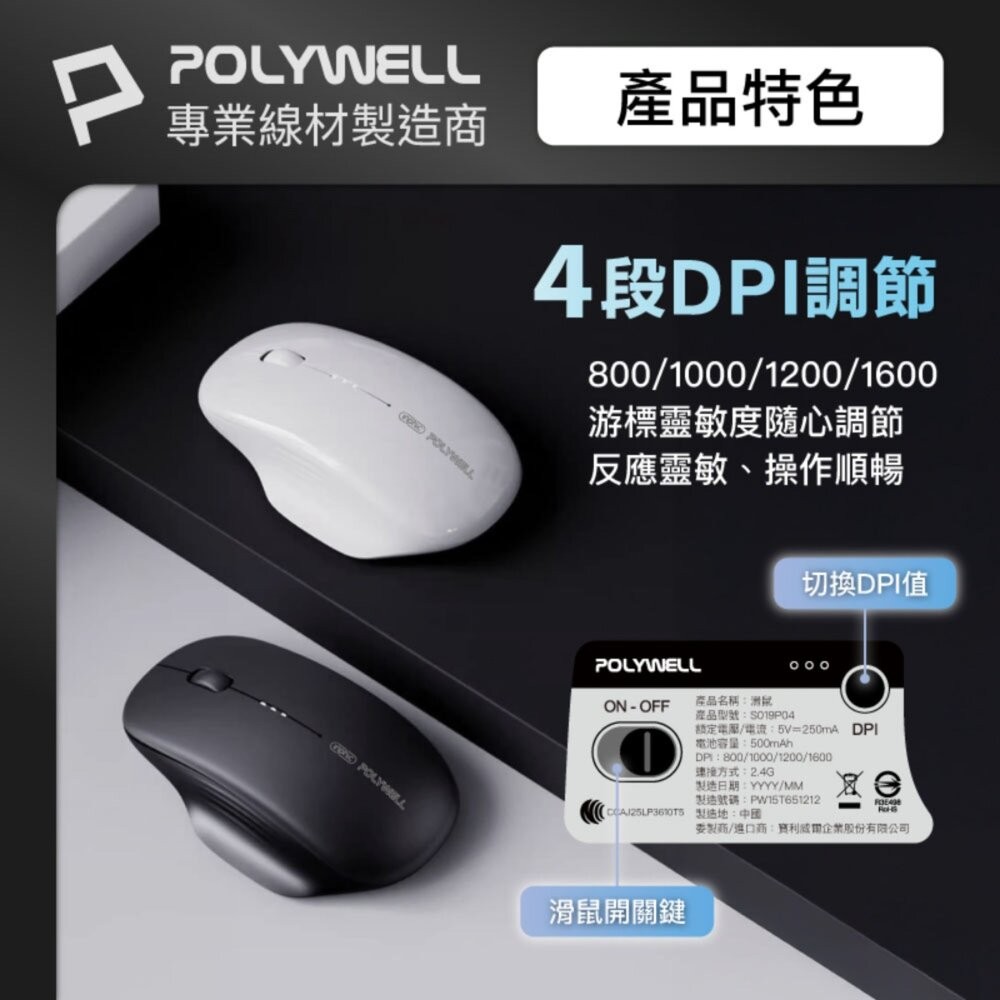 【全新品】POLYWELL 指托式無線靜音滑鼠 無線滑鼠 辦公滑鼠 人體工學 免用電池 快速充電 創宇通訊-細節圖6
