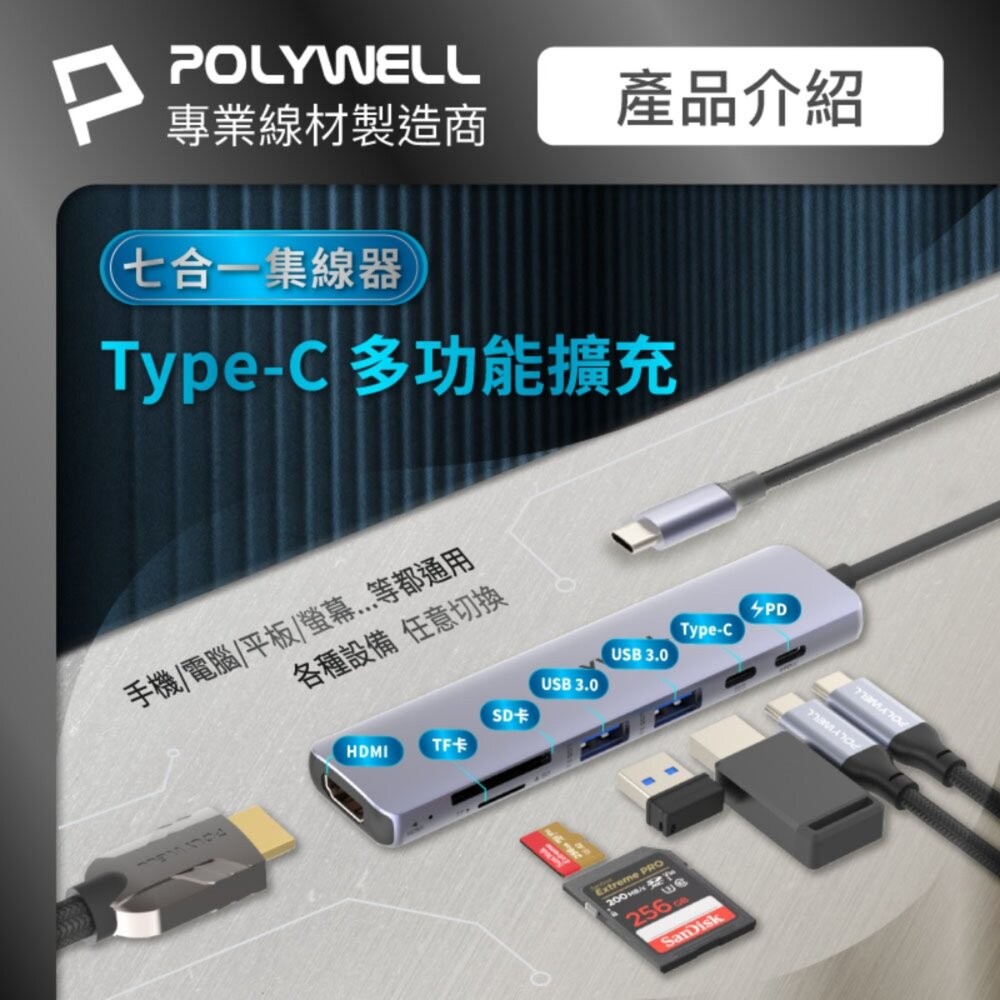 【全新品】POLYWELL Type-C 七合一集線轉接器 100W PD快充 HDMI 4K輸出 讀卡機 創宇通訊-細節圖3
