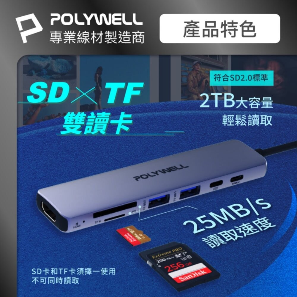 【全新品】POLYWELL Type-C 七合一集線轉接器 100W PD快充 HDMI 4K輸出 讀卡機 創宇通訊-細節圖5