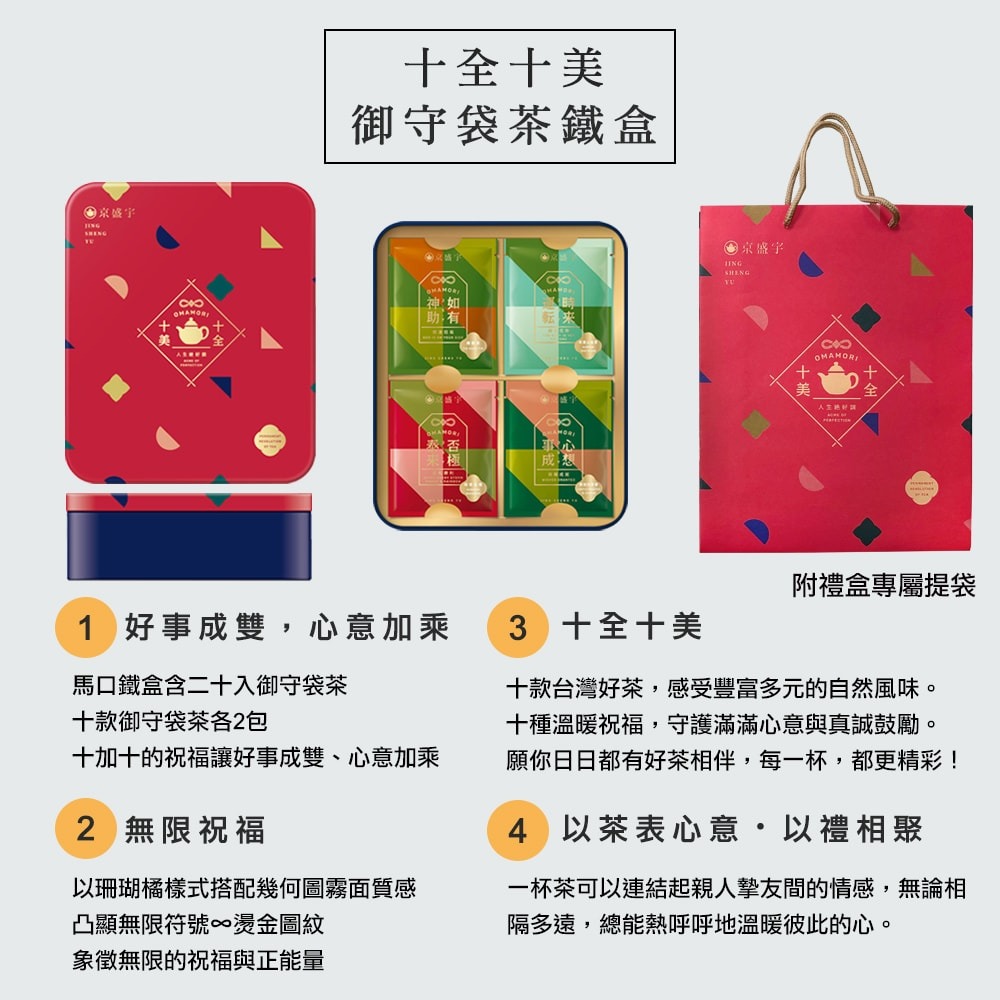 【Jing Sheng Yu 京盛宇】十全十美御守袋茶鐵盒-20入茶包(十款好茶與祝福/附提袋/年節送禮推薦)-細節圖2