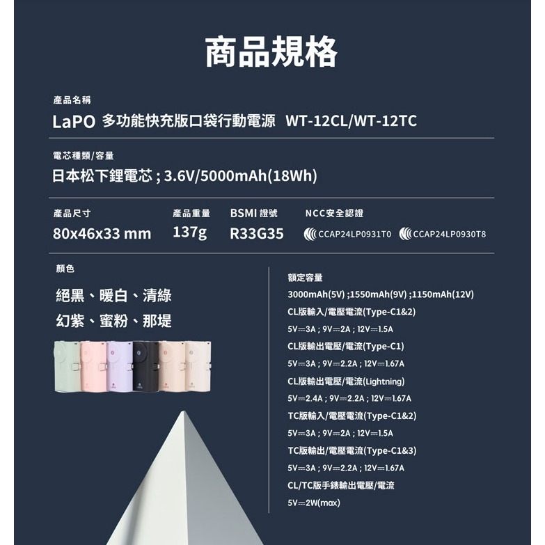 LaPO 全功能 WT-12CL 5000mAh 快充版口袋行動電源_18Wh_具Wh標示(折收充電頭/磁吸Apple-細節圖8