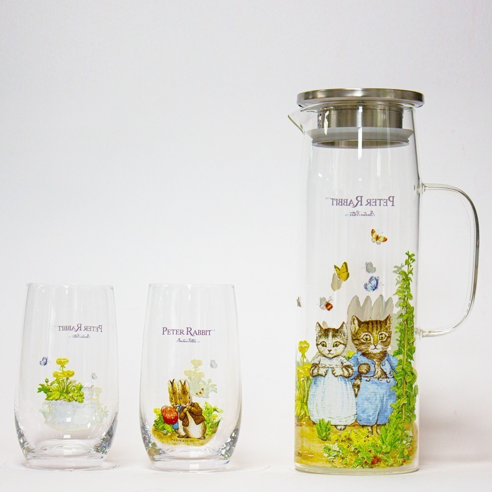 【PETER RABBIT】比得兔 耐熱玻璃冷水壺及水杯3件組＿綠野仙蹤-心心相印 玻璃水杯組 玻璃茶壺 握把玻璃壺-細節圖2