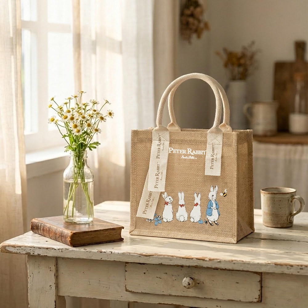全新商品【PETER RABBIT】比得兔麻布手提袋 手提袋 購物袋 環保購物袋 手提包 通勤托特包 午餐袋 環保黃麻袋-細節圖5