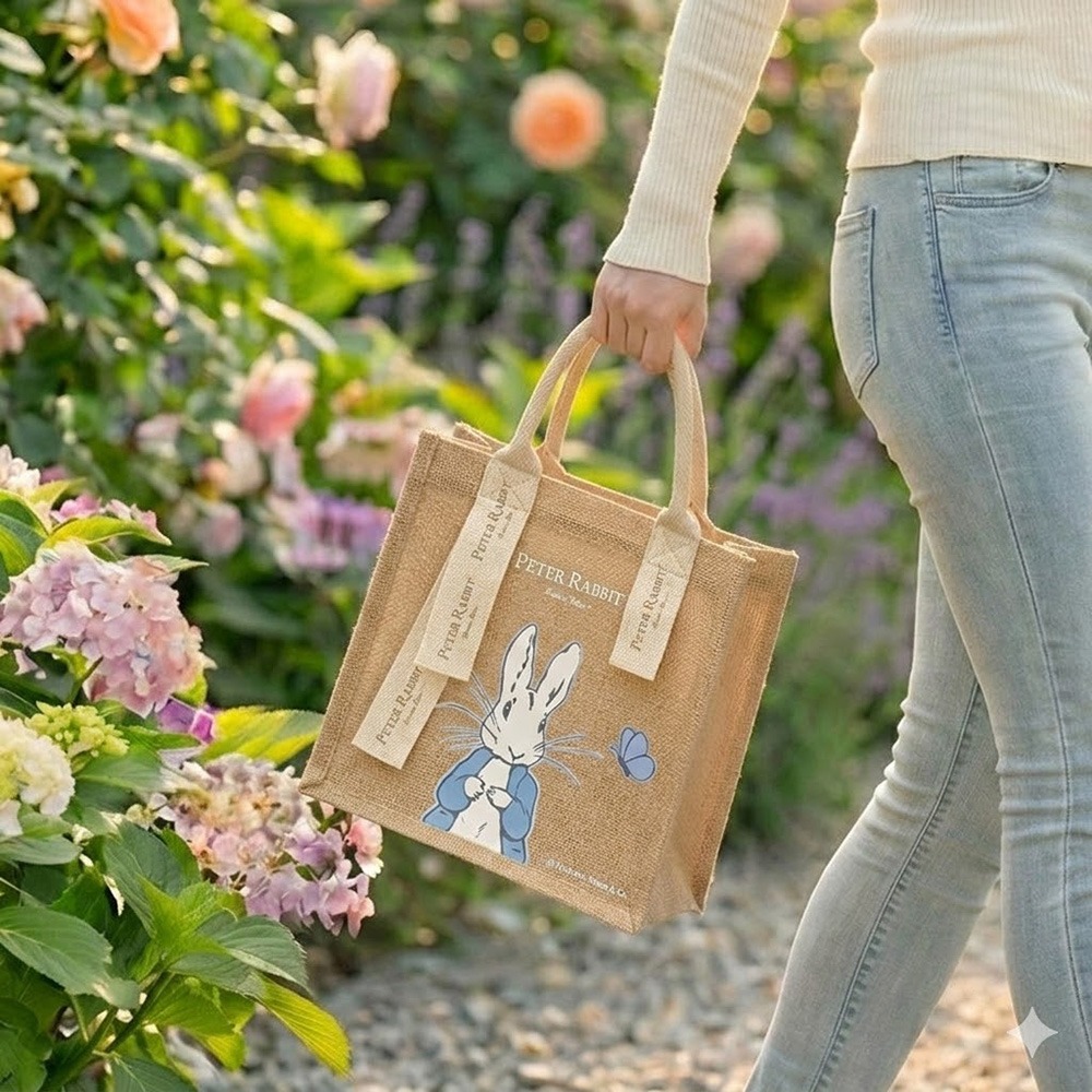 全新商品【PETER RABBIT】比得兔麻布手提袋 手提袋 購物袋 環保購物袋 手提包 通勤托特包 午餐袋 環保黃麻袋-細節圖5