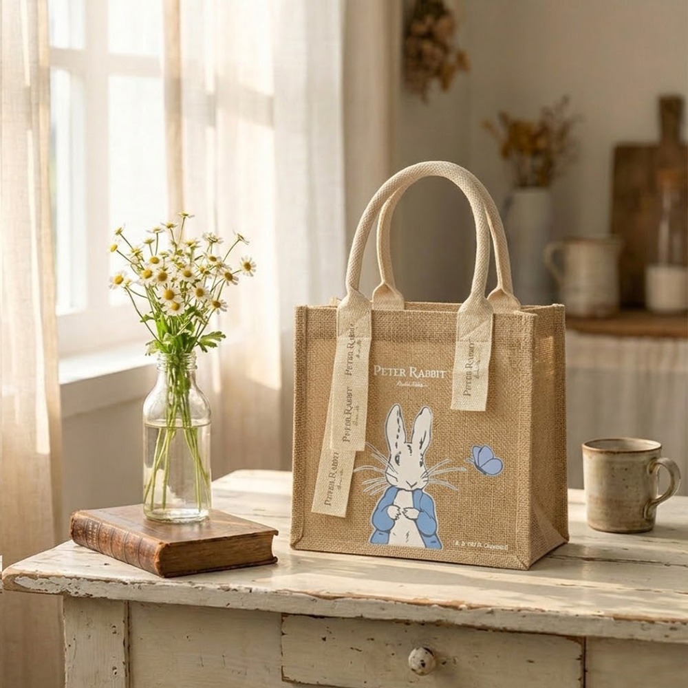 全新商品【PETER RABBIT】比得兔麻布手提袋 手提袋 購物袋 環保購物袋 手提包 通勤托特包 午餐袋 環保黃麻袋-細節圖8