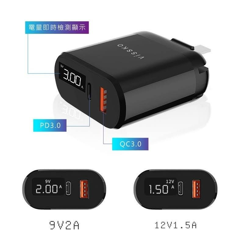 VISSKO 維斯克 18W 快充 雙孔 數顯 充電頭 QC3.0 充電 插頭 蘋果快充 充電器 變壓器 雙口適用-細節圖4