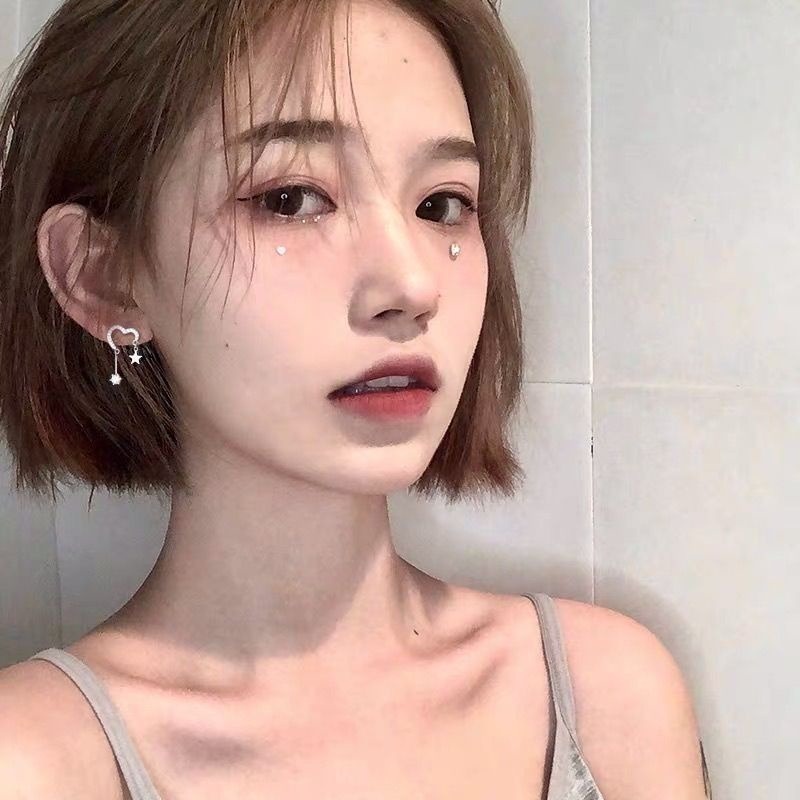 💖台灣現貨🌿 s925純銀耳針 防過敏五角星星愛心鋯石耳針垂墜式耳環耳釘-細節圖2